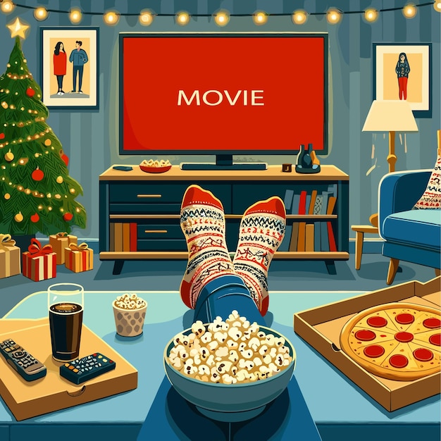 Vector vector christmas night and person watching movie with popcorns and pizza