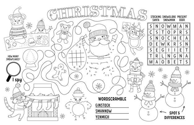 Vector vector christmas placemat for kids winter holiday printable activity mat with maze tic tac toe charts connect the dots find difference black and white new year play mat or coloring pagexa