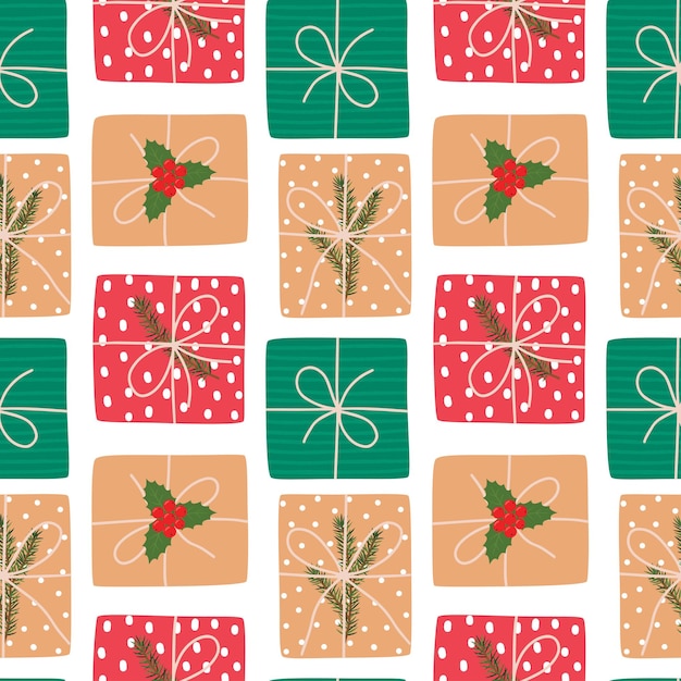 Vector Christmas seamless pattern with gifts. Perfect for invitation, wrapping paper and Christmas decoration.