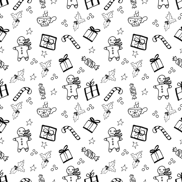 Vector Christmas seamless pattern with hand drawn doodles elements Black and white illustration