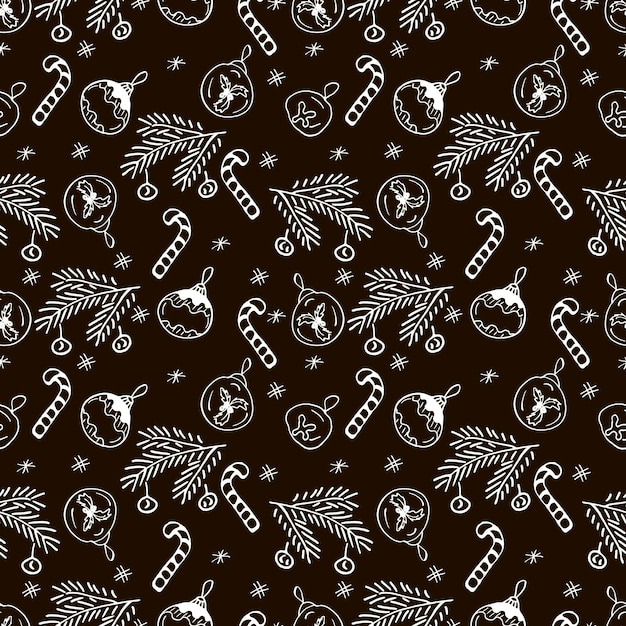 Vector Christmas seamless pattern with hand drawn doodles elements Black and white illustration