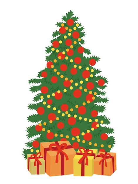 Vector Christmas tree with gift boxes and decorations Christmas tree decorated illustration