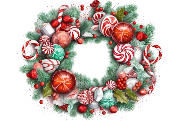 Vector of Christmas wreath with red bow holly berries lollipops and pinecones