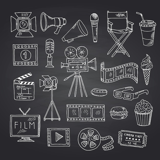 Vector cinema doodle elements on black chalkboard illustration