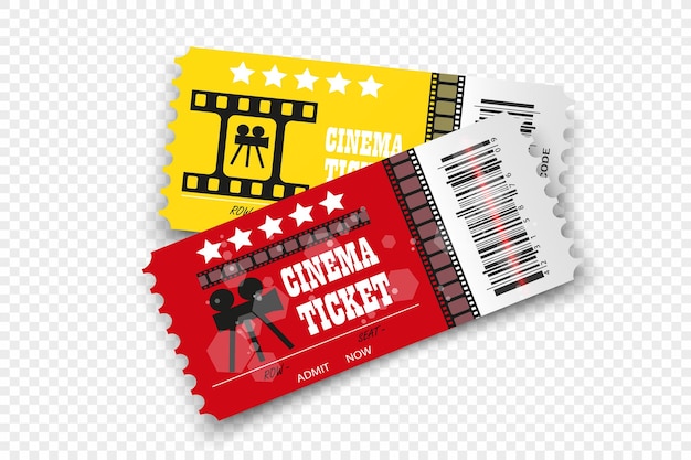 Vector cinema tickets isolated on transparent background. Realistic cinema entrance ticket.