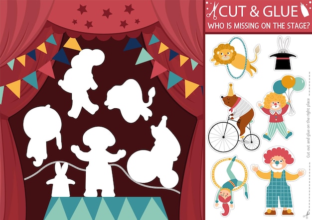 Vector vector circus cut and glue activity amusement show crafting game cute scene with clown and animal artists on the stage find the right piece of the puzzle complete the picture printable pagexa