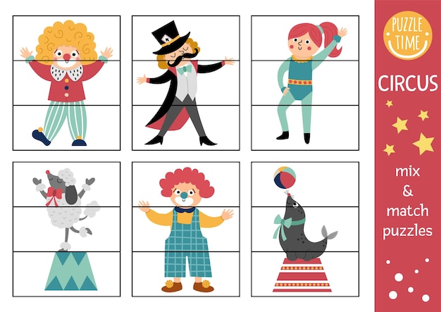 Vector circus mix and match puzzle with clown magician poodle gymnast seal Matching amusement show activity for preschool kids Educational printable game with stage performersxA