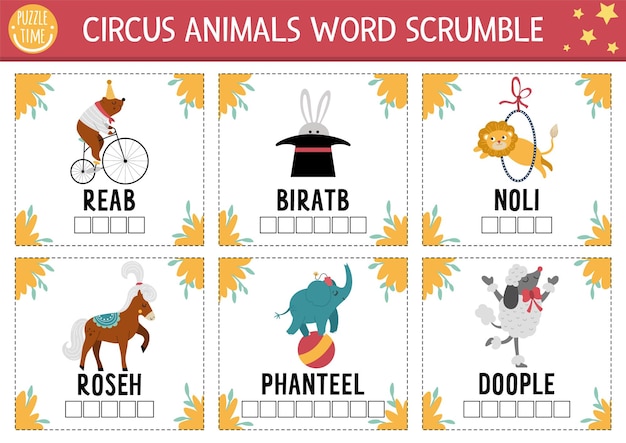 Vector circus word scramble square cards English language game with bear horse rabbit for kids Amusement holiday family quiz with funny animal performers Printable activity pagexA