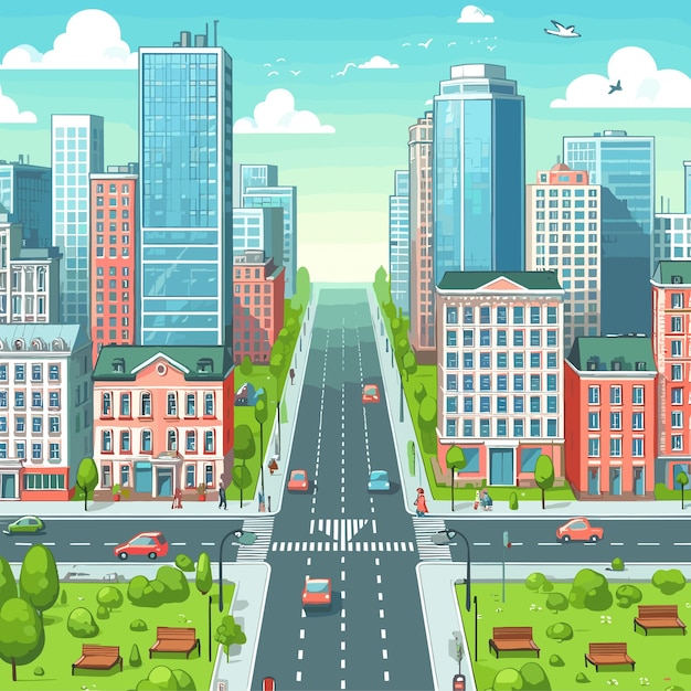 vector City buildings with green lawns and streets with sky in the background