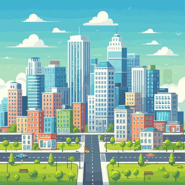 vector City buildings with green lawns and streets with sky in the background