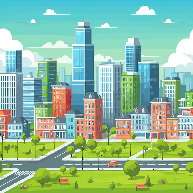 vector City buildings with green lawns and streets with sky in the background