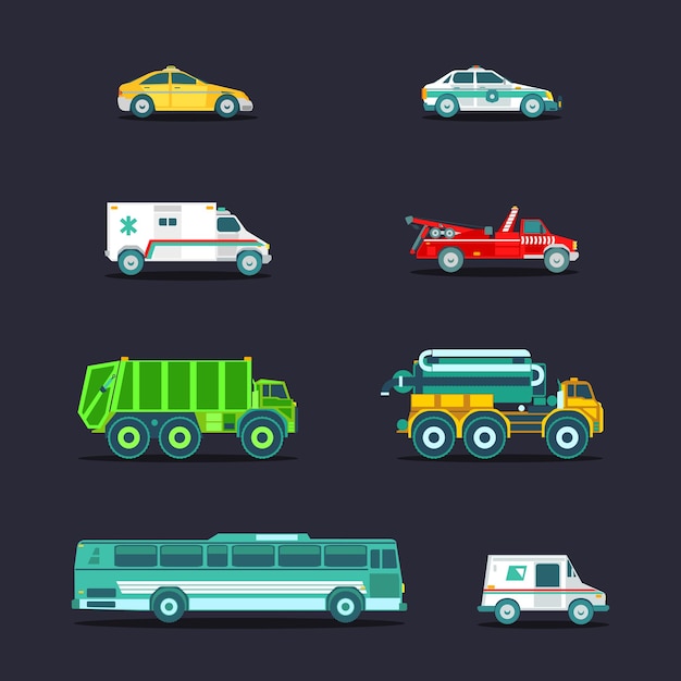 Vector city transport set in flat style Urban vehicles infographics Town municipal different special emergency service cars and trucks icons collection