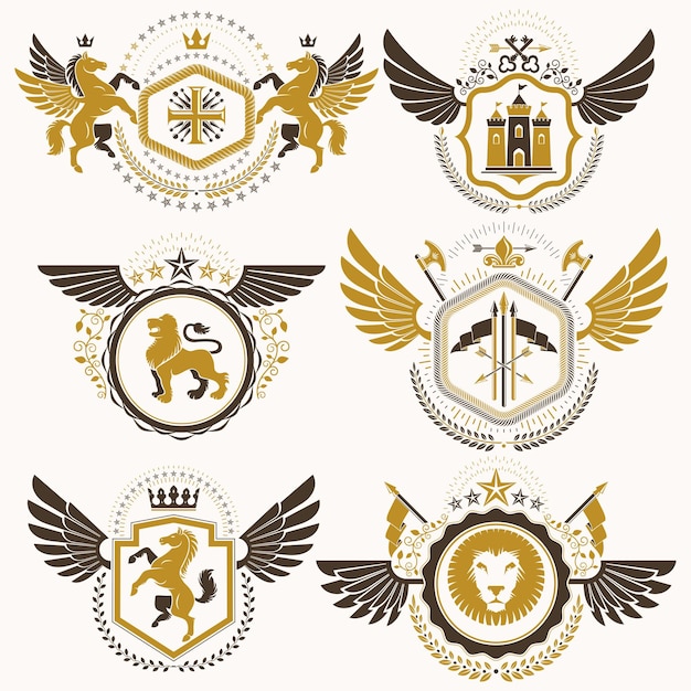 Vector classy heraldic Coat of Arms. Collection of blazons stylized in vintage design and created with graphic elements, royal crowns and flags, stars, towers, armory, religious crosses.