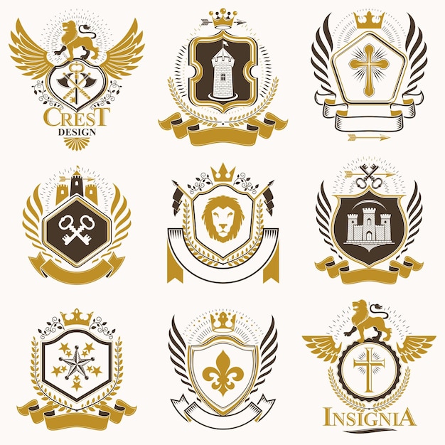 Vector classy heraldic Coat of Arms. Collection of blazons stylized in vintage design and created with graphic elements, royal crowns and flags, stars, towers, armory, religious crosses.