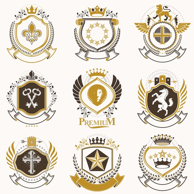 Vector classy heraldic Coat of Arms. Collection of blazons stylized in vintage design and created with graphic elements, royal crowns and flags, stars, towers, armory, religious crosses.