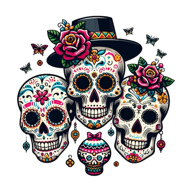 Vector Clipart of Calaveras Day of the Dead Skulls with Clean White Background