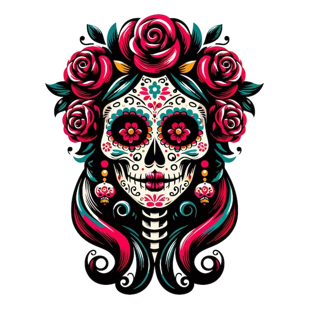 Vector Clipart of a Catrina in Day of the Dead Style with Clean White Background