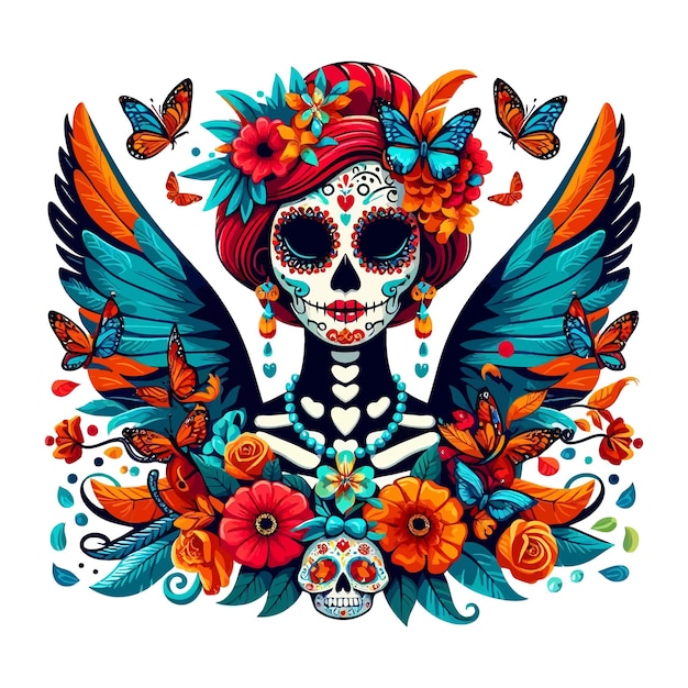 Vector Clipart of a Catrina in Day of the Dead Style with Clean White Background