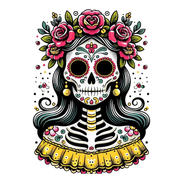 Vector Clipart of a Catrina in Day of the Dead Style with Clean White Background