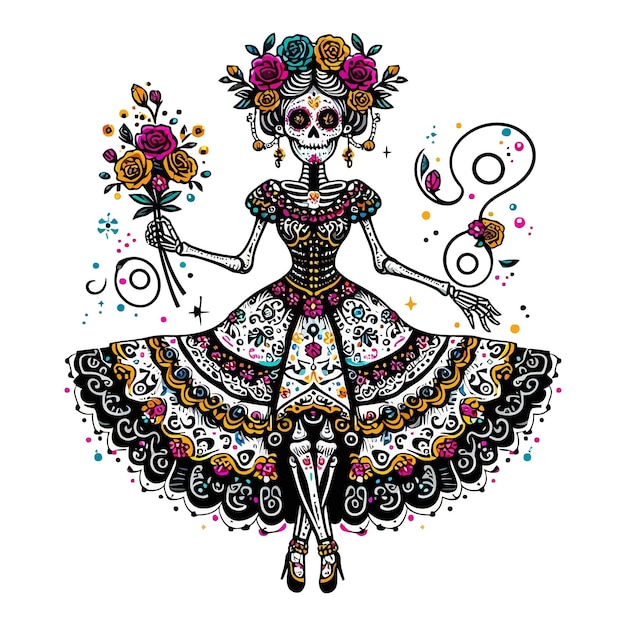 Vector Clipart of a Catrina in Day of the Dead Style with Clean White Background