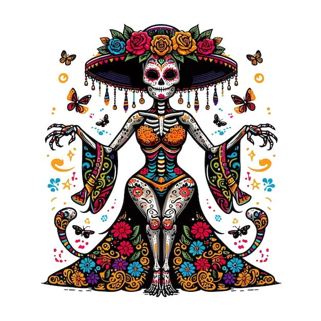 Vector Clipart of a Catrina in Day of the Dead Style with Clean White Background