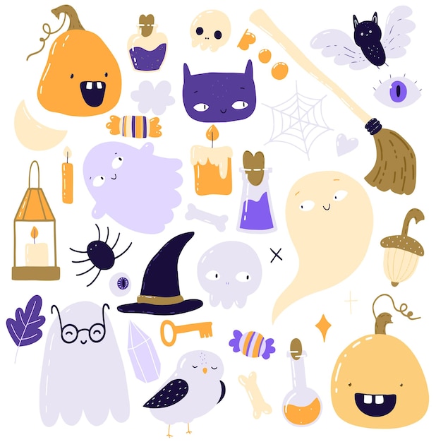 Vector clipart for Halloween Pumpkin ghost bat candy Bright cartoon elements for Halloween