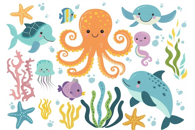 Vector vector clipart set of cute sea animals