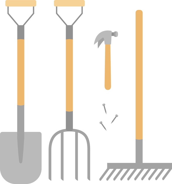 Vector vector clipart with gardening tools shovel pitchfork rake hummer and nails