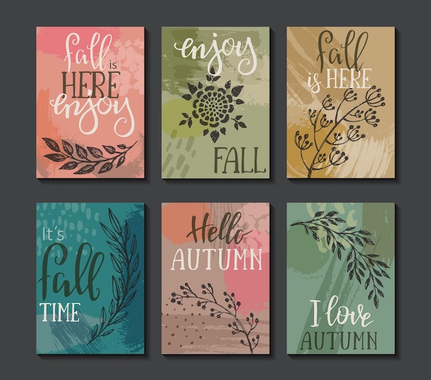 Vector collection of autumn cards. Fall flyer templates with hand lettering text. Beautiful tree branches and abstract texture. Poster, calendar, note, label, schedule, planner, banner design set.