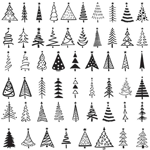 Vector collection of Christmas and New Year trees on a white background Doodles elements