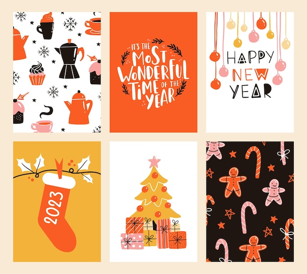 Vector collection of Christmas poster templates New year 2023 set of christmas greeting cards Bright colors presents and hand written lettering for your invitation and design