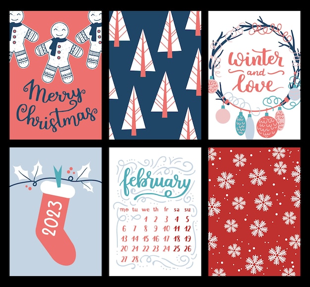 Vector collection of Christmas poster templates New year 2023 set of christmas greeting cards Bright colors presents and hand written lettering for your invitation and design