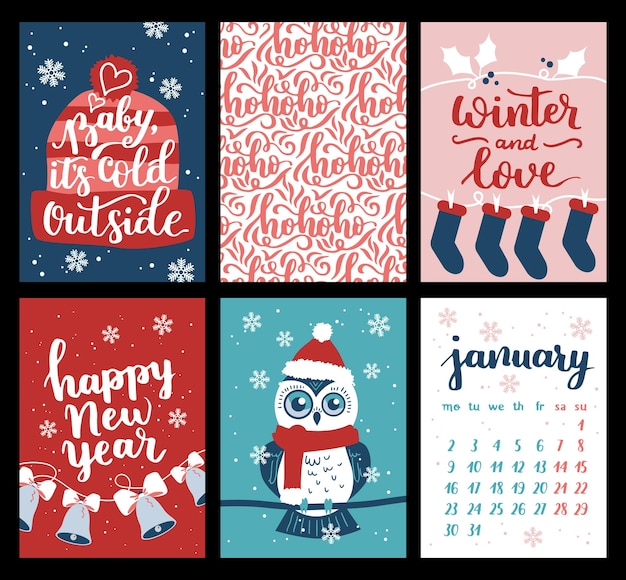 Vector collection of Christmas poster templates New year 2023 set of christmas greeting cards Bright colors presents and hand written lettering for your invitation and design