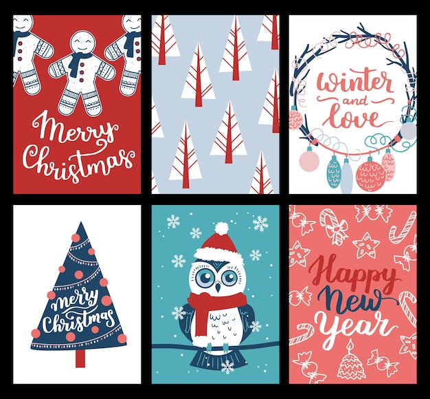 Vector collection of Christmas poster templates New year 2023 set of christmas greeting cards Bright colors presents and hand written lettering for your invitation and design