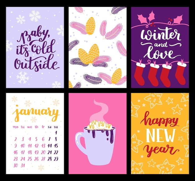 Vector collection of Christmas poster templates New year 2023 set of christmas greeting cards Bright colors presents and hand written lettering for your invitation and design