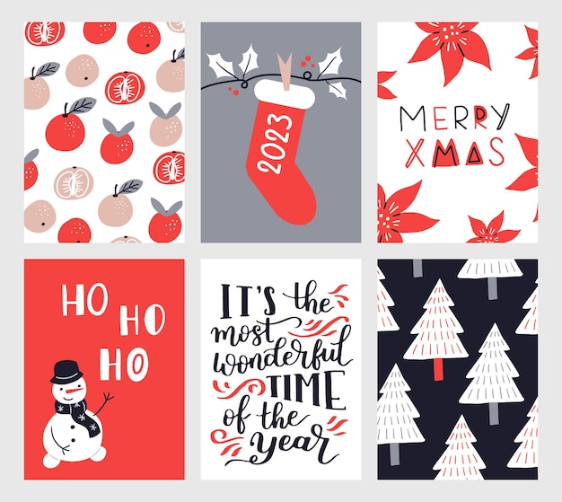 Vector collection of Christmas poster templates New year 2023 set of christmas greeting cards Bright colors presents and hand written lettering for your invitation and design