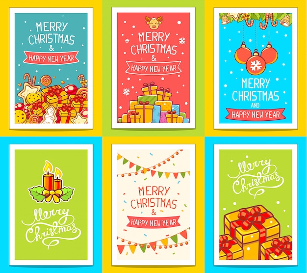 Vector collection of christmas templates with hand written text on bright background.