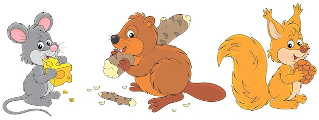 Vector collection of a cute mouse with a cheese, a little squirrel with a cone and a funny beaver