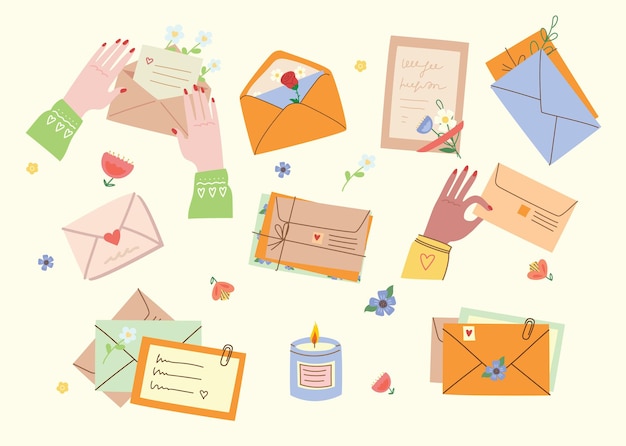 Vector Collection of different envelopes with mail, postmarks and postcards illustrations, handmade cards in the flat style isolated.