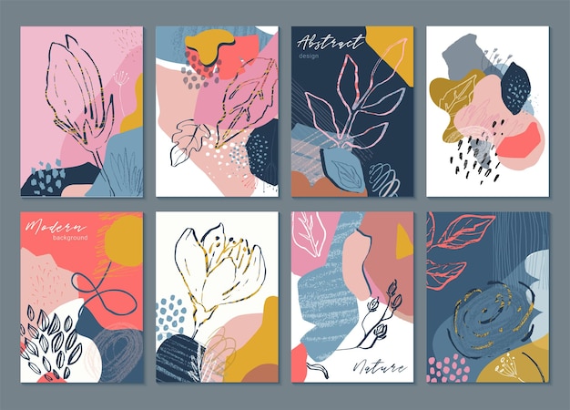 Vector collection of eight trendy creative cards with hand drawn floral elements flowers