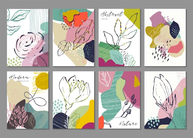 Vector collection of eight trendy creative cards with hand drawn floral elements flowers