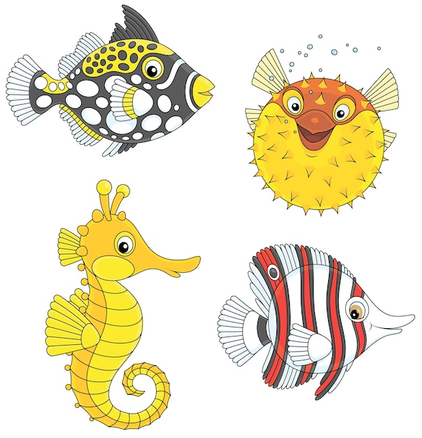 Vector collection of an exotic tropical puffer fish, a seahorse, a butterflyfish and a triggerfish