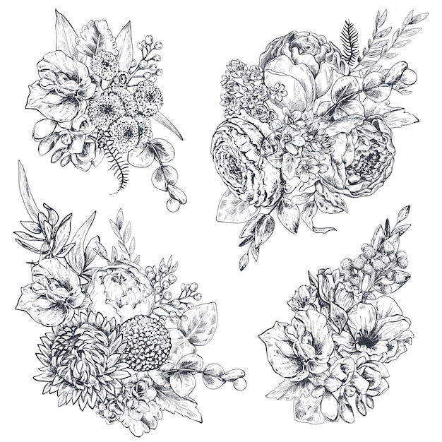 Vector collection of four floral compositions Beautiful bouquets with hand drawn flowers and plants