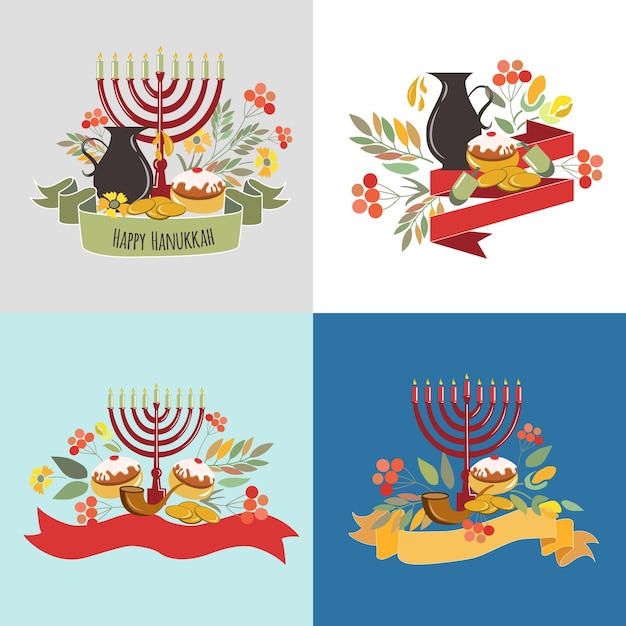 Vector collection of labels and elements for Hanukkah Signature Happy Hanukkah with flowers coins