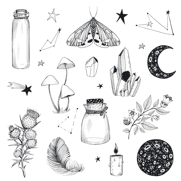 Vector collection of mystical magic boho elements isolated on white