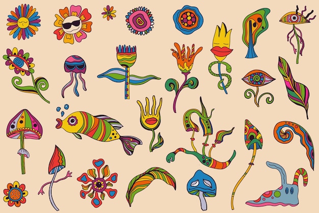 Vector collection of retro colorful stickers in psychedelic 1970s style