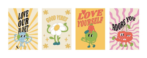 Vector collection of retro groovy posters with characters planet Earth flower aplle with strawberry and cherries with typography quote Placard for print