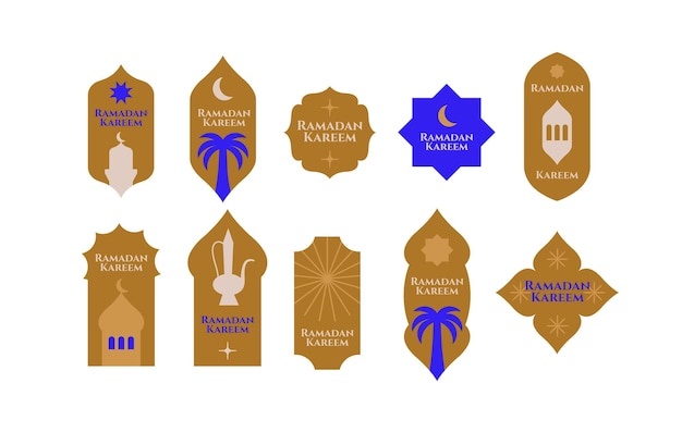 Vector collection set labels for Ramadan Mubarak greeting Boho arches with Islamic symbols