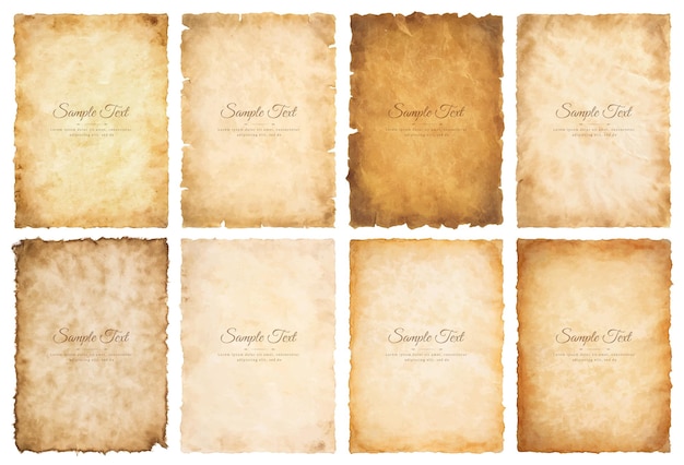 Vector collection set old parchment paper sheet vintage aged or texture isolated on white background