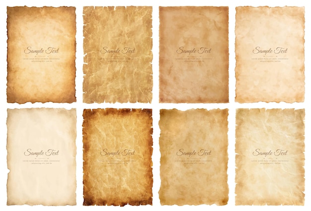 Vector collection set old parchment paper sheet vintage aged or texture isolated on white background